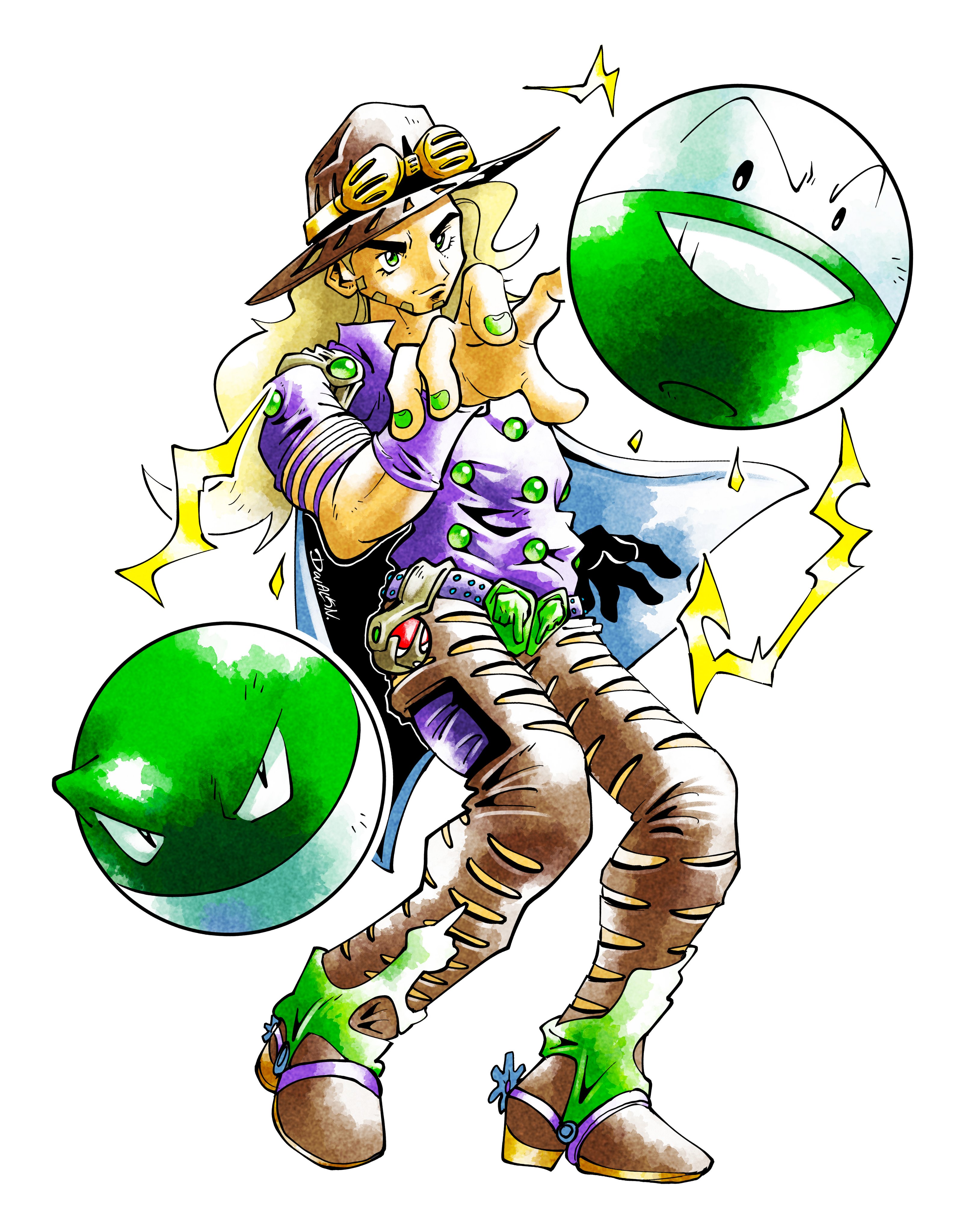 dwalkn, electrode (pokemon), voltorb, jojo no kimyou na bouken, nintendo, pokemon, absurdres, character request, copyright request, highres, 1boy, blonde hair, brown hat, brown pants, full body, gen 1 pokemon, green eyes, group picture, hat, male focus, pants, pokemon (creature), purple shirt, shirt, simple background, white background