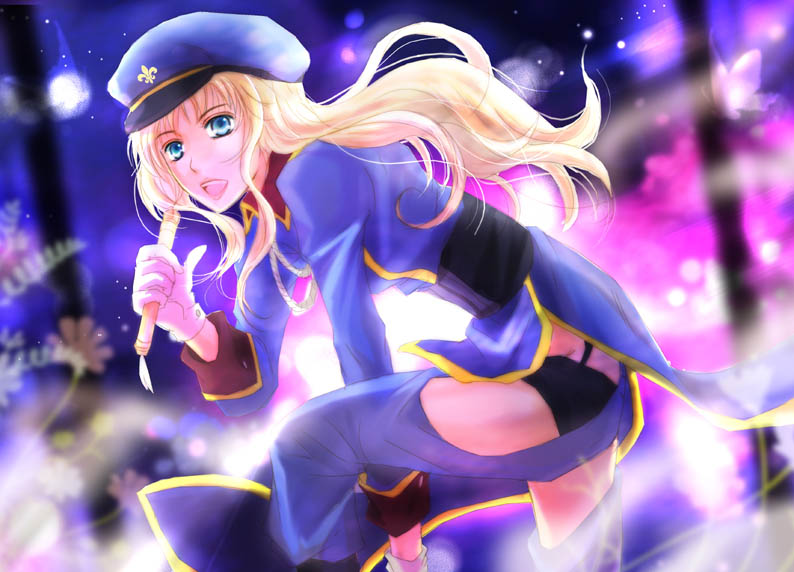 akebi (kakuri), sheryl nome, macross, macross frontier, uniform, bad id, bad pixiv id, 00s, 1girl, blonde hair, blue eyes, female focus, gloves, hat, kneeling, long hair, looking at viewer, microphone, peaked cap, shorts, smile, solo, squatting