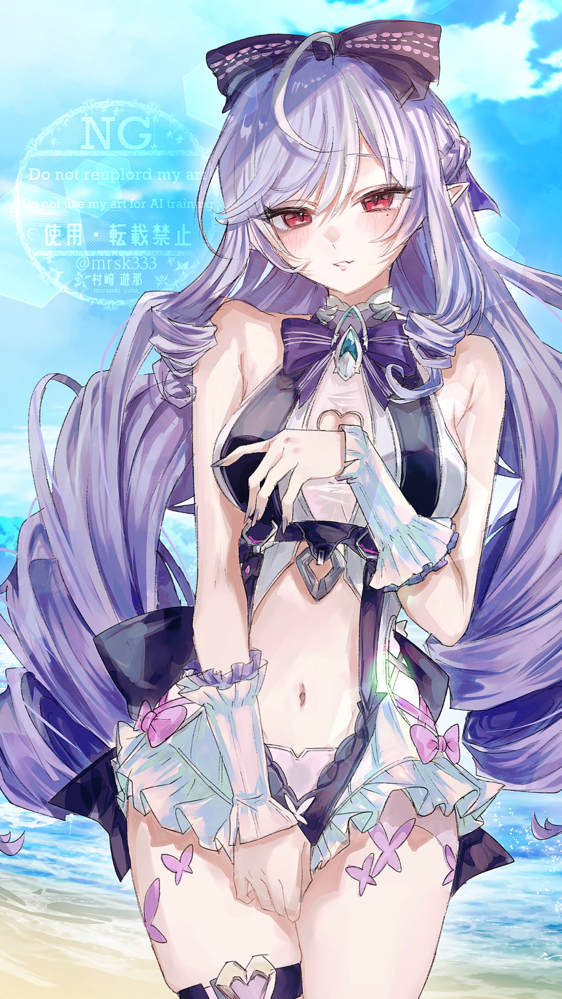 murasaki yuna, vivian banshee, vivian banshee (iris of the shore), zenless zone zero, 1girl, bare shoulders, blush, breasts, long hair, looking at viewer, medium breasts, navel, pointy ears, purple hair, red eyes, smile, solo, swimsuit, thighs