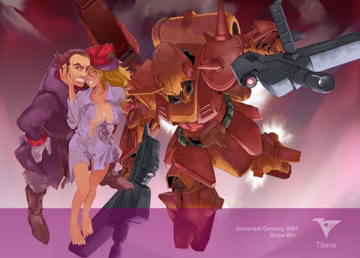30ml, amelia (gundam), kacricon cacooler, marasai, gundam, zeta gundam, bad id, bad pixiv id, 1boy, 1girl, beam rifle, blonde hair, boots, breasts, cleavage, couple, energy gun, gloves, grin, gun, hat, hetero, holding, large breasts, mecha, military, military uniform, rms-108 marasai, robot, shirt, smile, titans (gundam), weapon