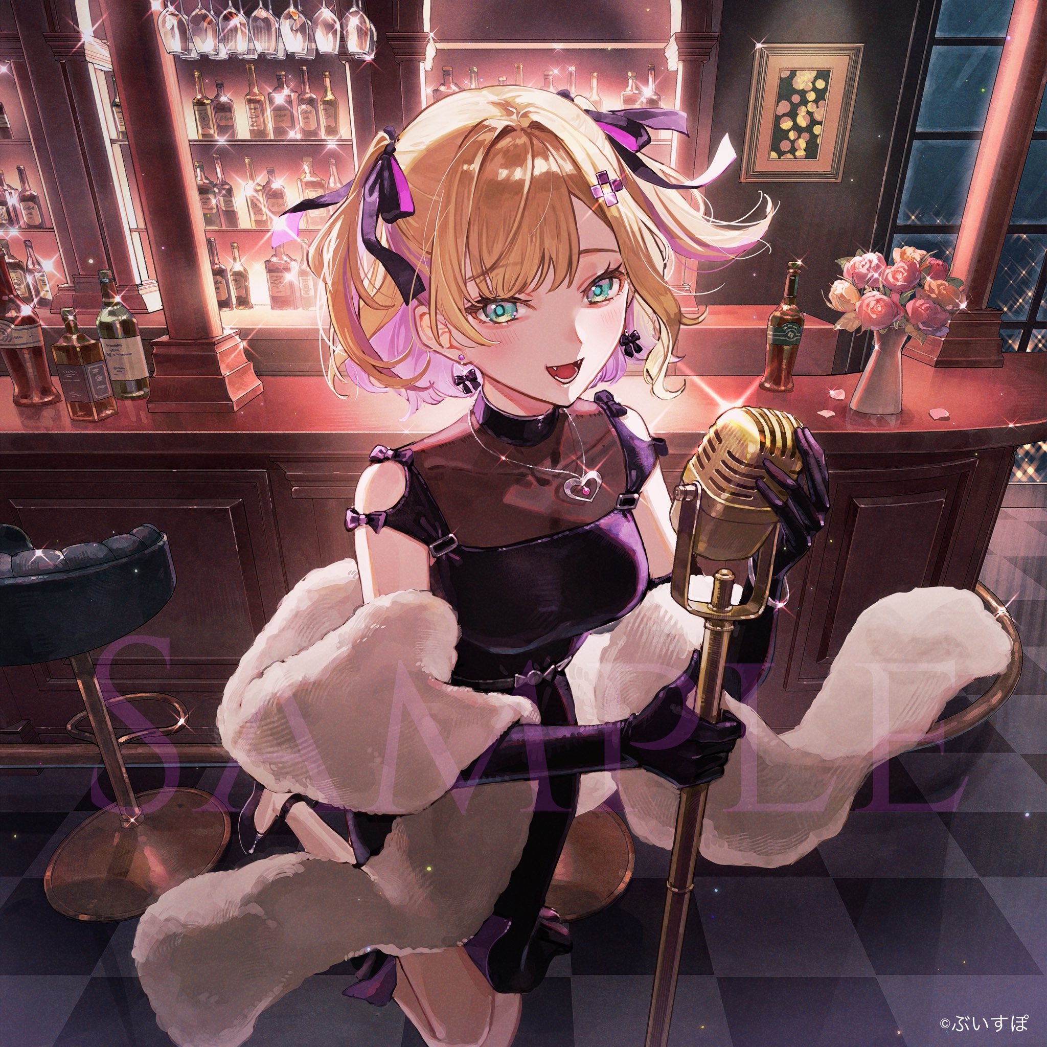 kotobuki nashiko, kurumi noah, vspo!, commentary request, highres, official art, 1girl, :d, bar (place), black dress, black gloves, black shoes, blonde hair, bow, bow earrings, breasts, checkered floor, colored inner hair, copyright notice, dress, earrings, elbow gloves, fur shawl, gloves, green eyes, hair ornament, hairclip, heart, heart necklace, holding, holding microphone stand, indoors, jewelry, large breasts, looking at viewer, microphone, microphone stand, multicolored hair, necklace, night, open mouth, pink hair, sample watermark, shawl, shoes, short dress, short hair, sleeveless, sleeveless dress, smile, solo, strappy heels, two side up, vintage microphone, virtual youtuber, watermark