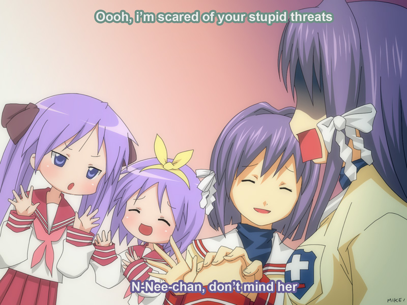 mike inel, fujibayashi kyou, fujibayashi ryou, hiiragi kagami, hiiragi tsukasa, clannad, kyoto animation, lucky star, 00s, 4girls, color connection, company connection, crossover, multiple girls, purple hair, siblings, sisters, twins