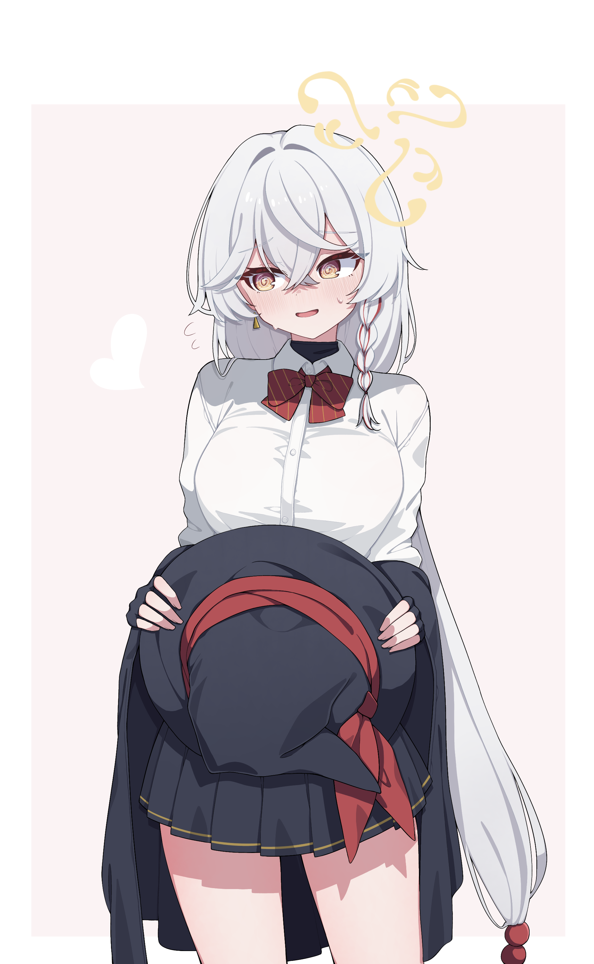 cinamon (cinamori), eri (blue archive), blue archive, absurdres, commentary, highres, 1girl, @ @, black hat, black jacket, black skirt, blush, border, bow, bowtie, braid, breasts, buttons, collared shirt, crossed bangs, diagonal-striped bow, diagonal-striped bowtie, diagonal-striped clothes, flying sweatdrops, gold trim, hair between eyes, hair bobbles, hair intakes, hair ornament, halo, hat, hat ribbon, heart, holding, holding unworn clothes, holding unworn hat, inset border, jacket, large breasts, long hair, long sleeves, looking ahead, looking to the side, low-tied long hair, multicolored hair, off shoulder, open mouth, pink background, pleated skirt, red bow, red bowtie, red ribbon, red streaks, ribbon, shirt, side halo, sidelocks, skirt, solo, standing, streaked hair, striped bow, striped bowtie, striped clothes, sweat, thumb, unworn hat, unworn headwear, very long hair, white border, white hair, white shirt, witch hat, yellow eyes, yellow halo