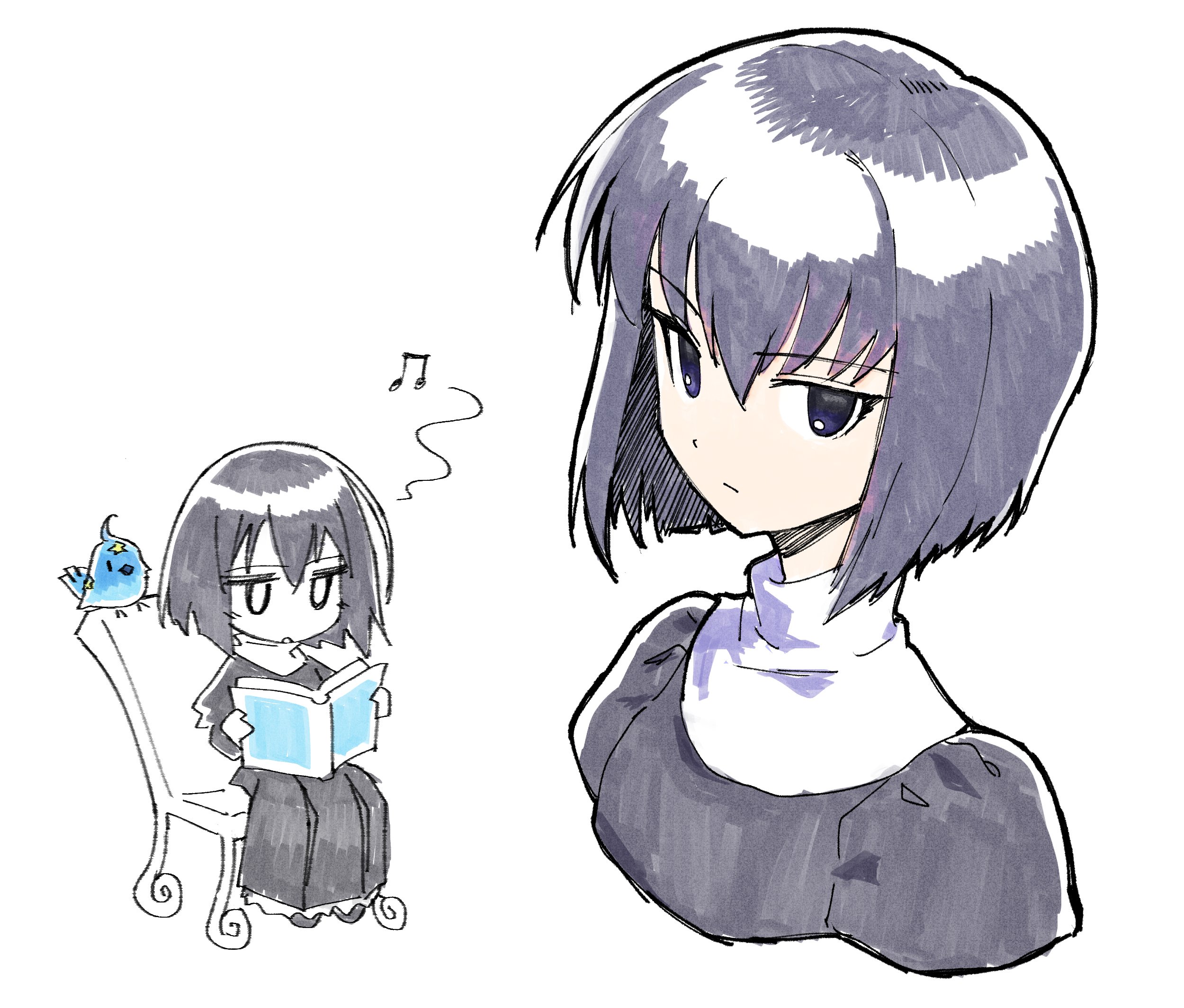 spdcooler, kuonji alice, mahou tsukai no yoru, highres, 1girl, ?, aged down, beamed eighth notes, black hair, eighth note, musical note, quarter note, short hair, skirt, spoken musical note