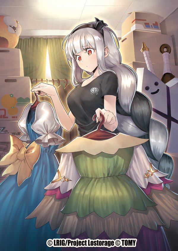 ishibashi yosuke, alfou (wixoss), wixoss, official art, 1girl, black hair, black hairband, black shirt, box, braid, breasts, cardboard box, clothes hanger, copyright notice, curtains, dress, grey hair, hair ornament, hairband, holding, holding clothes hanger, holding unworn clothes, holding unworn dress, indoors, long hair, multicolored hair, orange eyes, print shirt, shirt, short sleeves, single braid, solo, unworn dress, very long hair