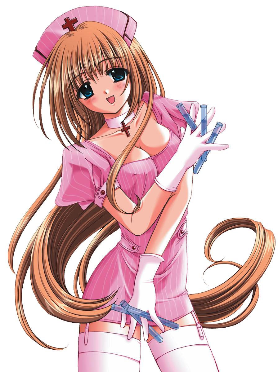 nishimata aoi, clover (game cg), striped, highres, 1girl, blue eyes, blush, breasts, brown hair, choker, cleavage, covered erect nipples, cross, dress, female focus, garter belt, gloves, hat, head tilt, long hair, nurse, nurse cap, smile, solo, test tube, thighhighs, very long hair, white thighhighs, zettai ryouiki