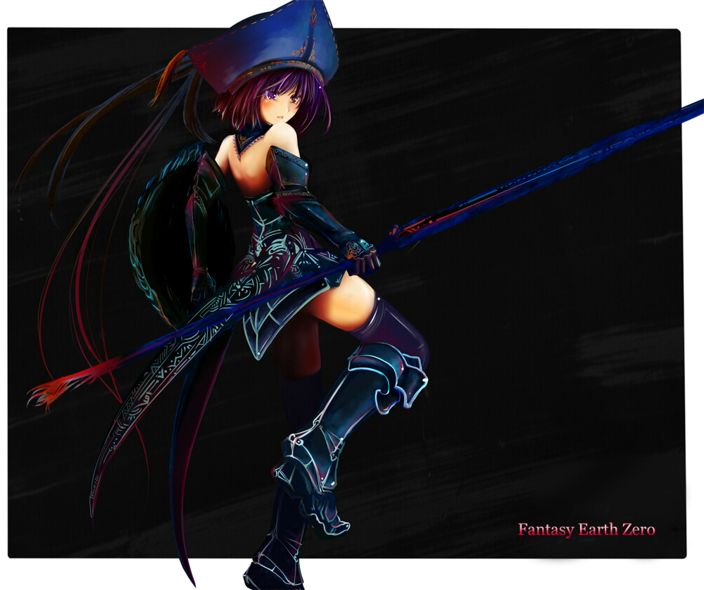 virus (obsession), fantasy earth zero, bad id, bad pixiv id, bare shoulders, boots, hat, purple eyes, purple hair, solo, thighhighs, tricorne, weapon