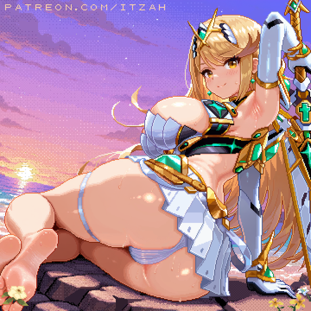 itzah, mythra (xenoblade), xenoblade chronicles (series), xenoblade chronicles 2, 1girl, armpits, blonde hair, breasts, cleavage, dress, holding, holding sword, holding weapon, large breasts, long hair, microdress, ocean, panties, pixel art, solo, sunset, sword, tiara, underwear, weapon, white dress, white panties, yellow eyes