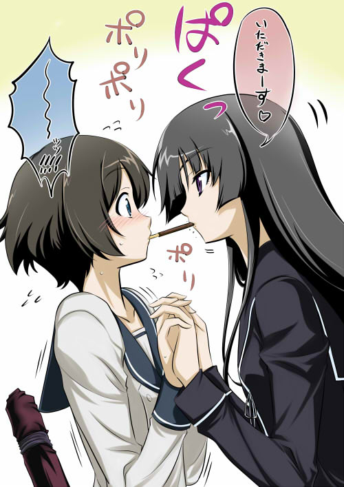 isayama yomi, tsuchimiya kagura, ga-rei, ga-rei zero, 00s, 2girls, black hair, blue eyes, blunt bangs, brown hair, food, hime cut, holding hands, interlocked fingers, multiple girls, pocky, pocky kiss, shared food, short hair, yuri