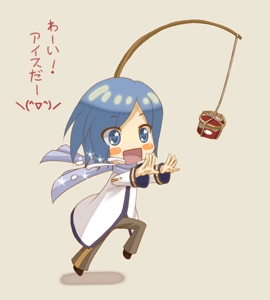 terumii, kaito (vocaloid), vocaloid, bad id, bad pixiv id, translated, 1boy, blue eyes, blue hair, blue scarf, chibi, food, ice cream, male focus, matching hair/eyes, saliva, scarf, short hair, solo