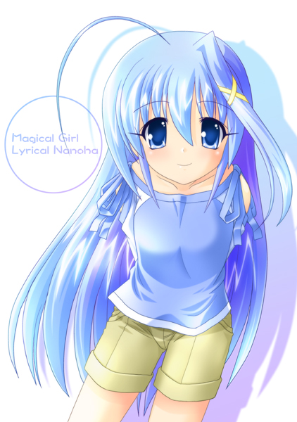 reinforce zwei, lyrical nanoha, mahou shoujo lyrical nanoha, mahou shoujo lyrical nanoha strikers, 00s, 1girl, blue eyes, blue hair, casual, female focus, hair ornament, long hair, matching hair/eyes, shorts, solo, x hair ornament