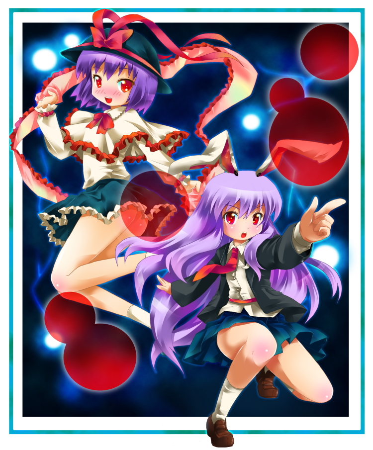 michii yuuki, nagae iku, reisen udongein inaba, touhou, bad id, bad pixiv id, 2girls, animal ears, blazer, blush, danmaku, female focus, hat, jacket, legs, long hair, multiple girls, necktie, no panties, purple hair, rabbit ears, red eyes, ribbon, short hair, skirt, very long hair