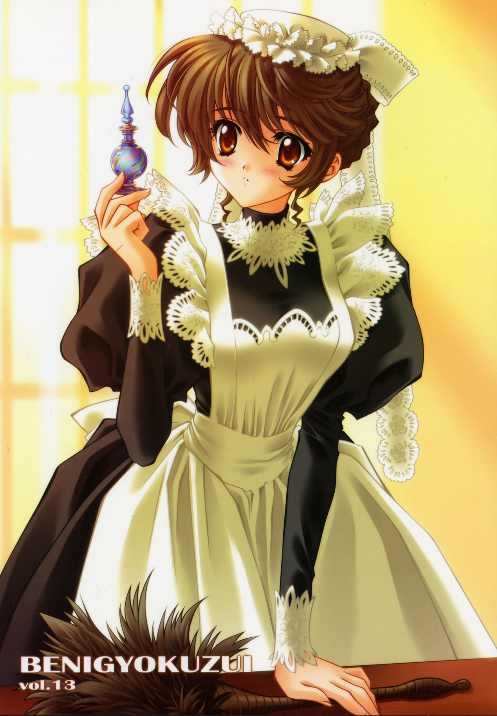 carnelian, absurdres, highres, scan, 1girl, apron, blush, brown eyes, brown hair, cowboy shot, female focus, hat, lace, maid, maid apron, mob cap, solo, victorian, victorian maid