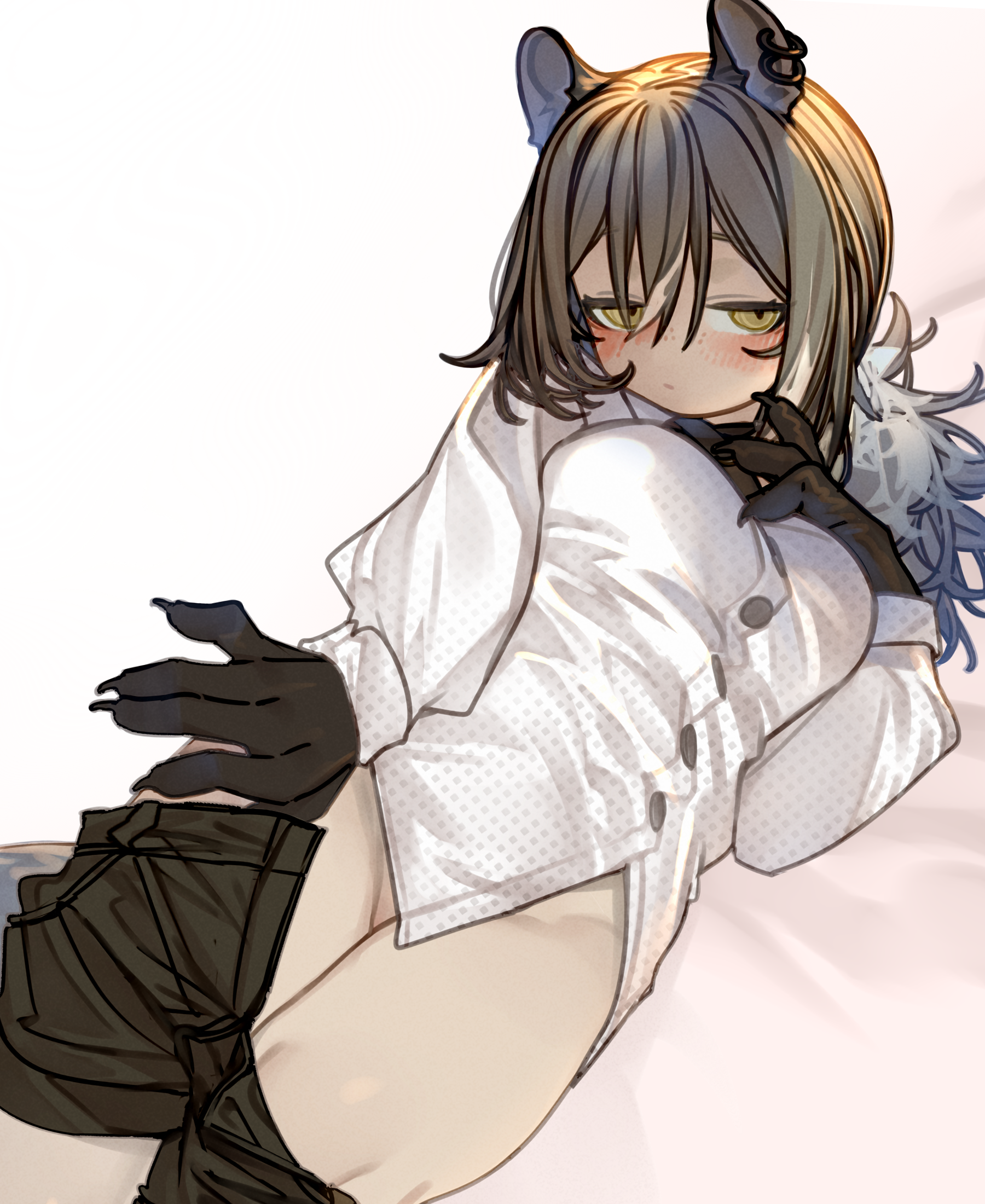 kochiya (gothope), robin (arknights), arknights, highres, 1girl, animal ears, black hair, black shorts, blush, breasts, clothes pull, freckles, long hair, looking at viewer, lying, medium breasts, no pants, on side, raccoon ears, shorts, shorts pull, solo, yellow eyes