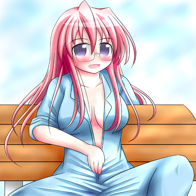 kuragi (moon), abe takakazu, takara miyuki, kuso miso technique, lucky star, 1girl, abe takakazu (cosplay), blush, breasts, cosplay, female focus, glasses, jumpsuit, meme, open clothes, open shirt, parody, pink hair, shirt, sitting, sleeves rolled up, solo, yaranaika