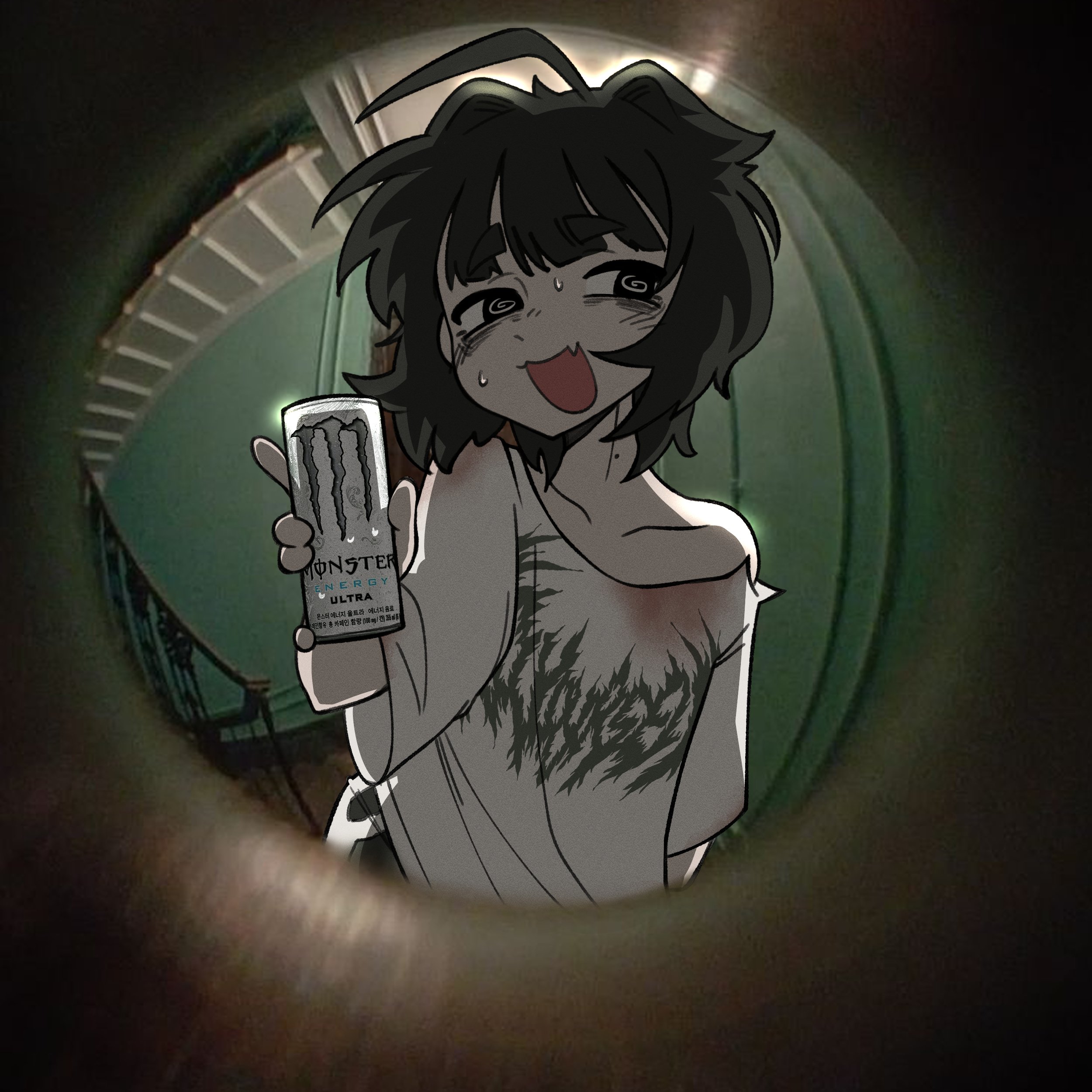 tsarbombaman, monster energy, original, absurdres, highres, 1girl, @ @, ahoge, backlighting, bags under eyes, black eyes, black hair, can, collarbone, drink can, fang, holding, holding can, indoors, messy hair, mole, mole on neck, open mouth, photo background, pov peephole, print shirt, shirt, single bare shoulder, skin fang, solo, stairs, stairwell, sweat, thick eyebrows, white shirt