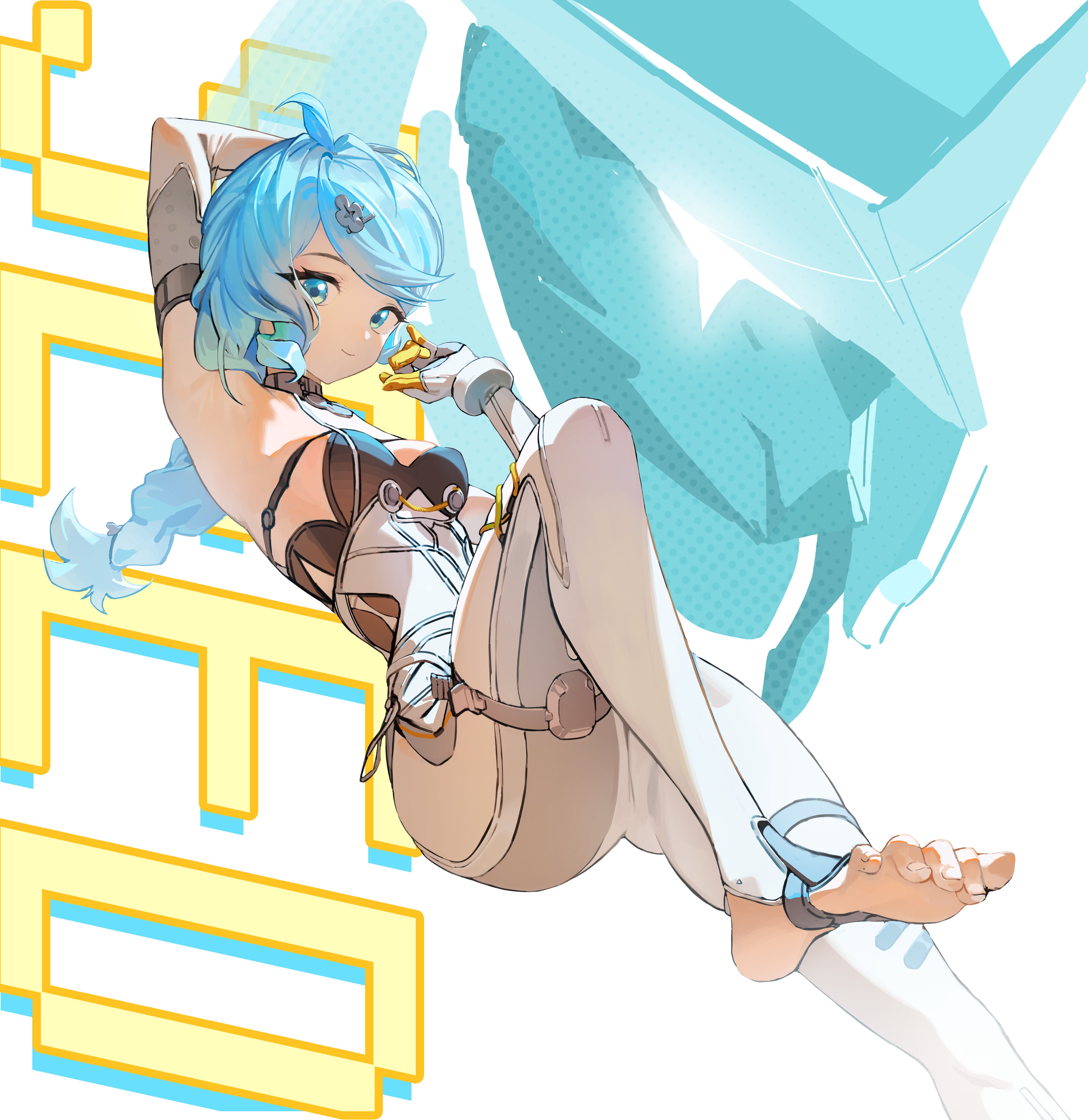 youusun (cosachain), seed (zenless zone zero), zenless zone zero, absurdres, highres, 1girl, ahoge, aqua eyes, bare shoulders, blue eyes, blue hair, braid, breasts, elbow gloves, feet, gloves, hair ornament, hand up, long hair, looking at viewer, mole, smile, solo, toeless legwear, toes, white background, white gloves