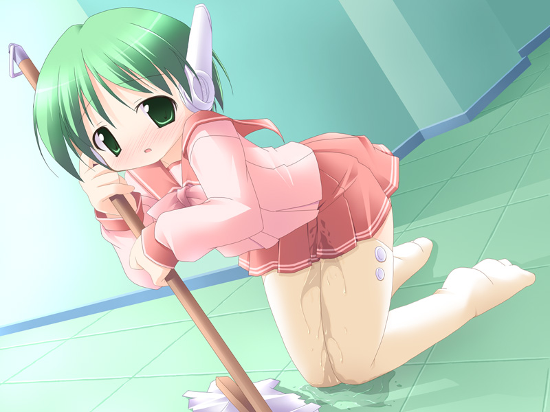 multi (to heart), to heart, to heart (series), blush, green eyes, green hair, hallway, mop, pee, peeing, robot ears, school uniform, solo, thighhighs