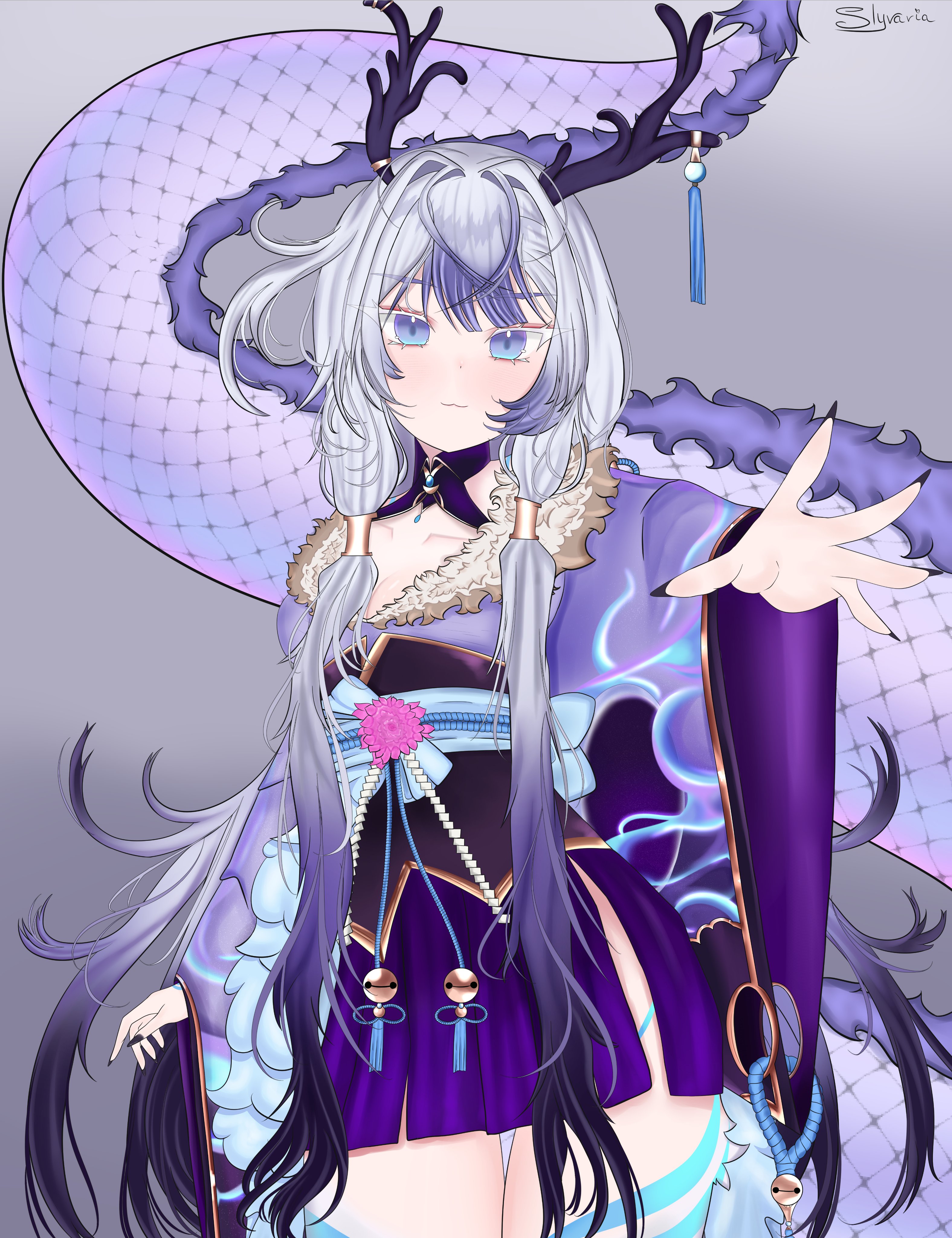 slyvaria, dajijii, indie virtual youtuber, 1girl, 2025, artist name, beads, dragon girl, dragon horns, dragon tail, dress, grey background, horns, long hair, purple dress, reaching, reaching towards viewer, rope, standing, tail, thigh gap