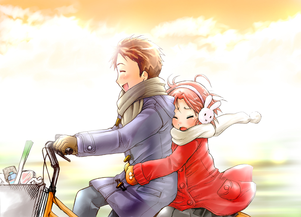 ubizo, kogami akira, shiraishi minoru, lucky star, 00s, 1boy, 1girl, bicycle, blush, brown hair, closed eyes, coat, earmuffs, gloves, groceries, hetero, hug, hug from behind, multiple riders, open mouth, outdoors, pantyhose, rabbit earmuffs, red coat, red hair, riding, scarf, short hair, sky, spring onion, sunlight, winter clothes
