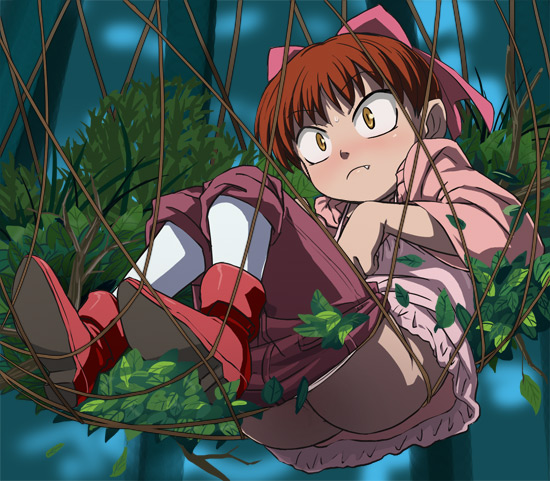 haruyama kazunori, nekomusume, gegege no kitarou, toei company, 1girl, anus, bow, censored, clothes pull, convenient censoring, fang, female focus, panties, pants, pants pull, panty pull, pink bow, pointy ears, pussy, pussy peek, red hair, short hair, solo, underwear, yellow eyes