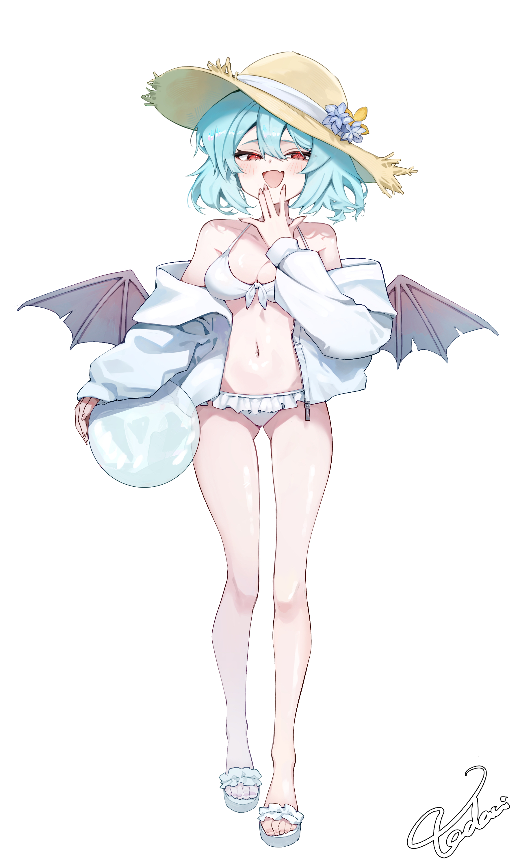 tadano1129, remilia scarlet, touhou, absurdres, commentary request, highres, 1girl, :d, ball, beachball, bikini, bikini under clothes, blue eyes, blue hair, breasts, brown hat, double-parted bangs, fang, frilled bikini, frills, front-tie bikini top, front-tie top, full body, hair between eyes, hat, hat ribbon, holding, holding ball, jacket, long sleeves, medium breasts, open mouth, red eyes, ribbon, sandals, short hair, signature, simple background, skin fang, smile, solo, standing, straw hat, sun hat, swimsuit, white background, white bikini, white jacket, white ribbon, white sandals, zipper