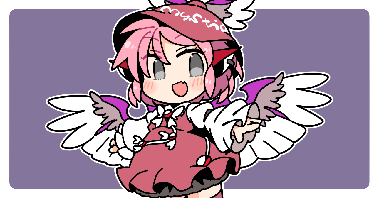ini (inunabe00), mystia lorelei, touhou, commentary, 1girl, :d, animal ears, bird ears, bird girl, bird wings, blush, border, bow, bowtie, brown dress, brown hat, chibi, chibi only, collared shirt, cowboy shot, dress, earrings, fang, grey eyes, hat, jewelry, long sleeves, looking at viewer, open mouth, outline, outside border, pink hair, purple background, shirt, short hair, simple background, single earring, skin fang, smile, solo, white border, white bow, white bowtie, white outline, white shirt, winged hat, wings