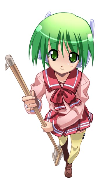 shinozuka atsuto, multi (to heart), to heart, to heart (series), brown shoes, full body, green eyes, green hair, mop, robot ears, school uniform, serafuku, shoes, short hair, simple background, skirt, smile, solo, thighhighs, white background, yellow thighhighs
