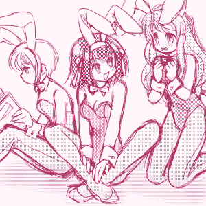 suwa u, uu, asahina mikuru, nagato yuki, suzumiya haruhi, suzumiya haruhi no yuuutsu, bad id, bad pixiv id, lowres, 00s, 3girls, animal ears, book, fake animal ears, long hair, monochrome, multiple girls, pantyhose, playboy bunny, purple theme, rabbit ears, short hair