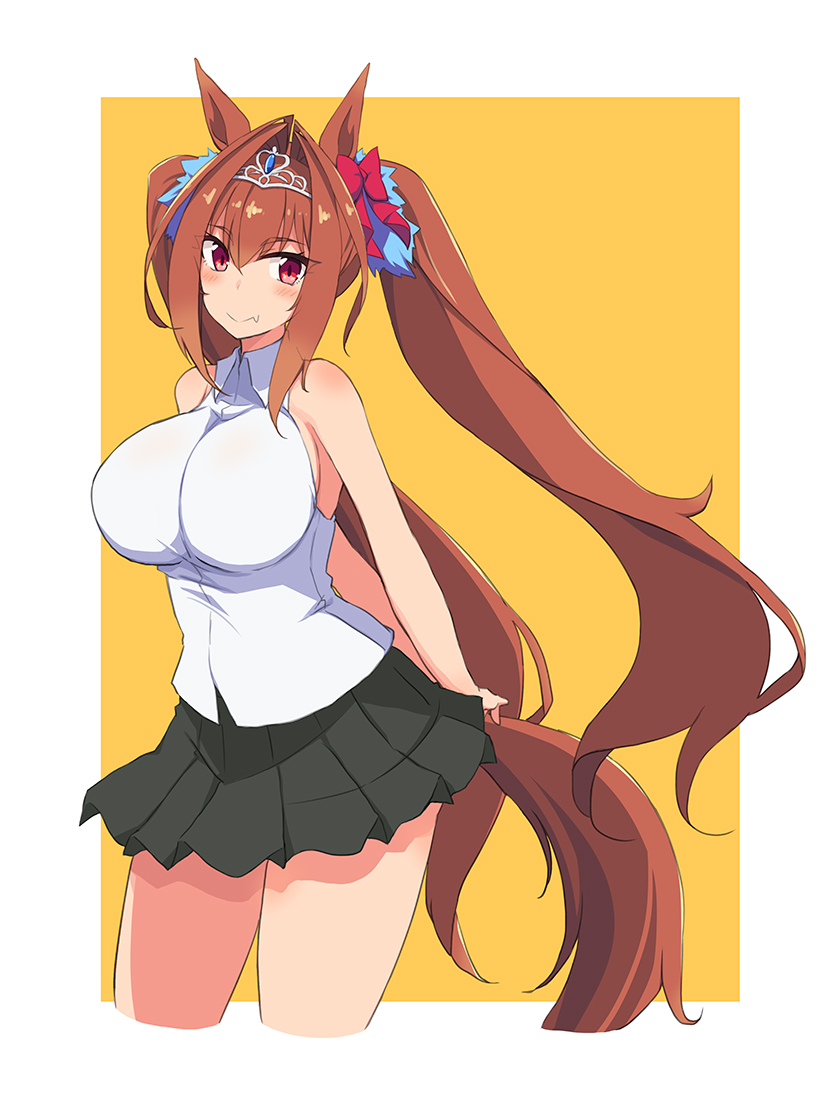 kugui kiyunemu, daiwa scarlet (umamusume), umamusume, 1girl, animal ears, black skirt, blush, breasts, brown hair, closed mouth, collared shirt, dress, fang, hair between eyes, hair intakes, horse ears, horse girl, horse tail, large breasts, long hair, looking at viewer, red eyes, shirt, simple background, skin fang, skirt, sleeveless, sleeveless dress, smile, solo, tail, tiara, twintails, very long hair, white shirt