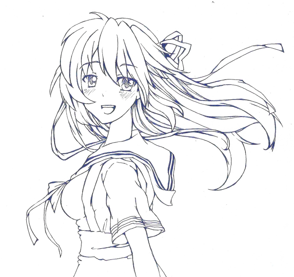 honeydew (artist), m2 (artist), sagara misae, clannad, 00s, blush, greyscale, long hair, monochrome, school uniform, solo