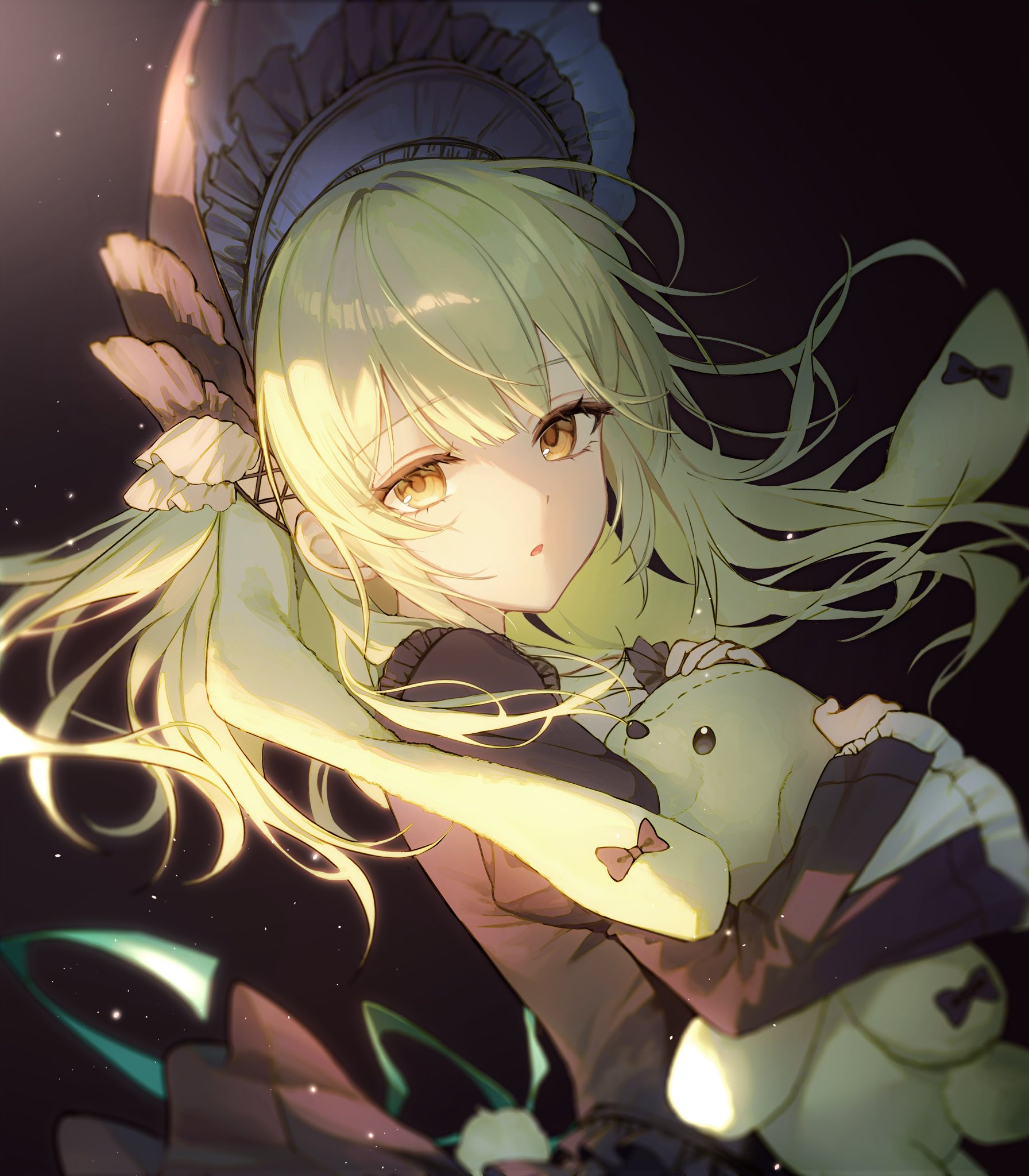 soymilk arts2, wakaba mutsumi, wakaba mutsumi (marionette's id), arknights, bang dream!, bang dream! it's mygo!!!!!, highres, 1girl, animal ears, black background, black bonnet, black bow, black dress, bonnet, bow, dress, floating hair, floppy ears, gothic lolita, green hair, holding, holding stuffed toy, light particles, lolita fashion, long hair, long sleeves, looking at viewer, rabbit ears, rabbit girl, sidelocks, solo, stuffed animal, stuffed rabbit, stuffed toy, upper body, yellow eyes