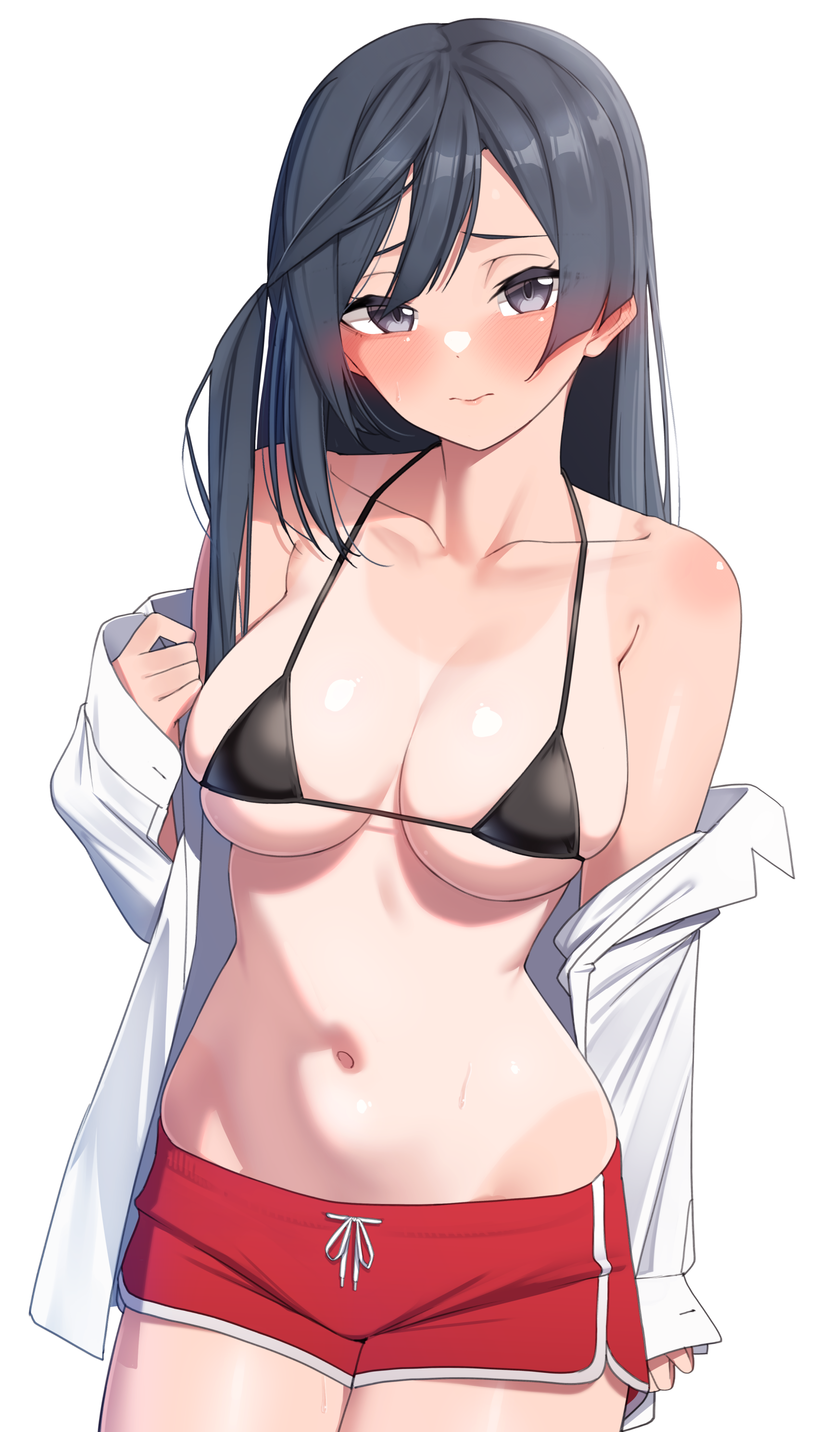 nasuno (nasuno42), yuki setsuna, love live!, love live! nijigasaki high school idol club, tokimeki no mirai chizu, absurdres, commentary request, highres, 1girl, bare shoulders, bikini, black bikini, black hair, blush, breasts, cleavage, closed mouth, collarbone, cowboy shot, large breasts, long hair, looking at viewer, navel, off shoulder, one-piece tan, one side up, open clothes, open shirt, red swim trunks, shirt, simple background, skindentation, solo, stomach, swimsuit, tan, tanline, thighs, white background, white shirt