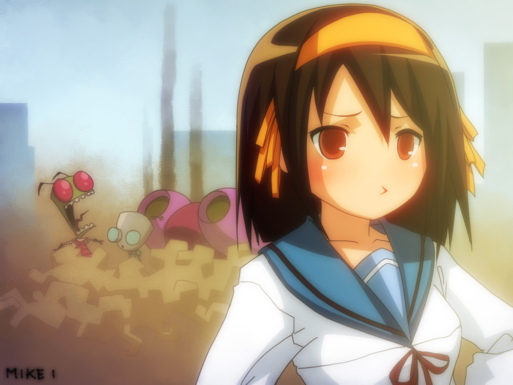 mike inel, gir (invader zim), gir (robot) (invader zim), suzumiya haruhi, zim (invader zim), invader zim, nickelodeon, suzumiya haruhi no yuuutsu, 00s, 1boy, 1girl, 1other, alien, antennae, artist name, bored, colored skin, crash landing, crossover, green skin, open mouth, outdoors, pout, red eyes, robot, rubble, school uniform, upper body