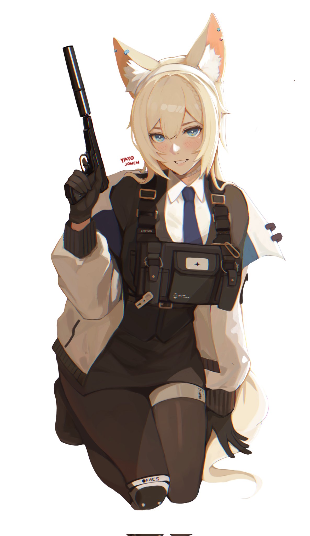 yayo the jowen, original, commission, highres, 1girl, animal ear fluff, animal ears, artist name, black gloves, black pantyhose, black shirt, black vest, blonde hair, blue eyes, blue necktie, collared shirt, fox ears, fox girl, fox tail, gloves, gun, handgun, holding, holding gun, holding weapon, jacket, kneeling, long hair, looking at viewer, necktie, open clothes, open jacket, pantyhose, shirt, simple background, smile, solo, stechkin aps, suppressor, tail, vest, weapon, white background, white jacket, white shirt, yellow fur