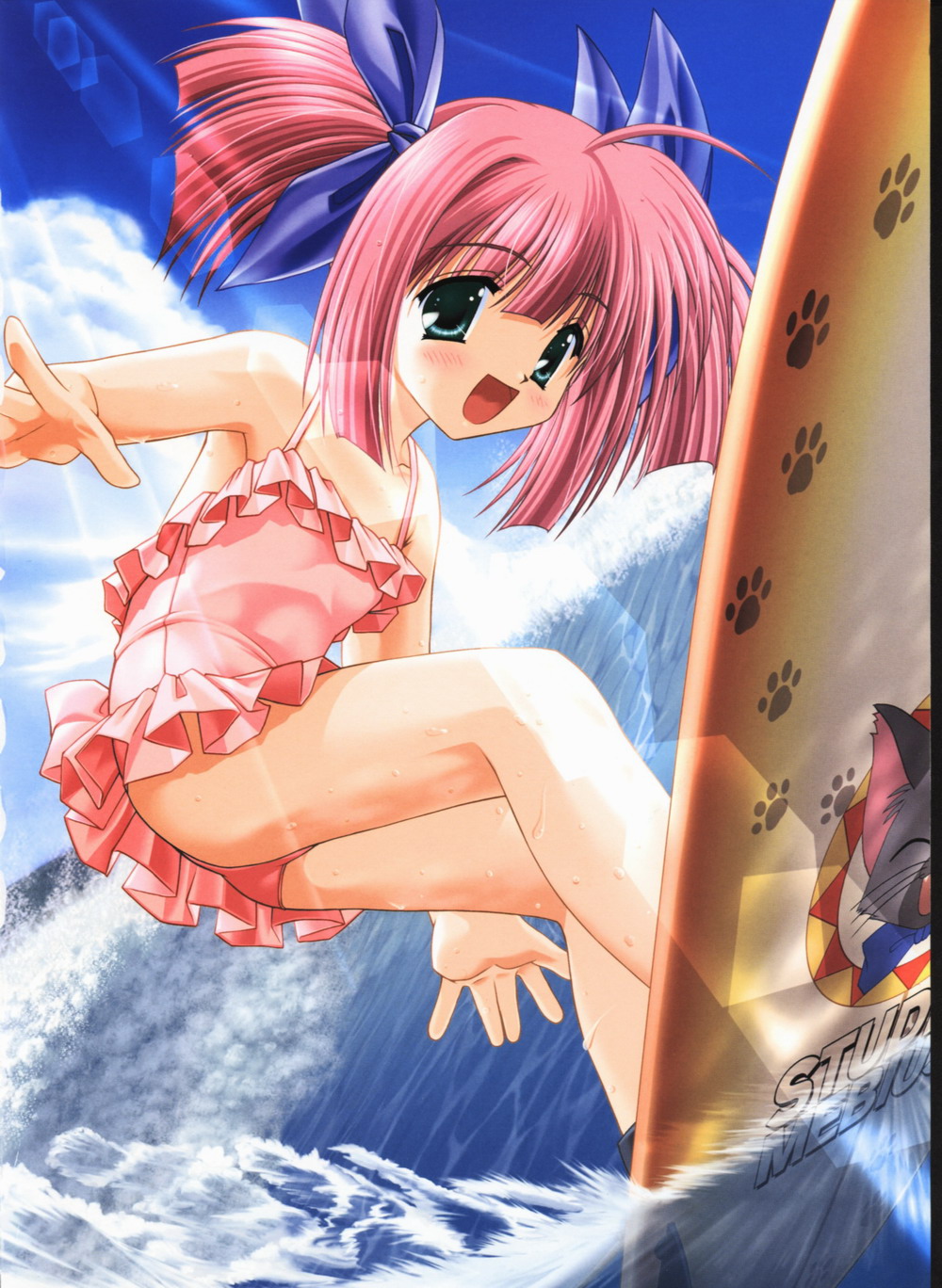 wakou ouka, snow (game), highres, non-web source, 1girl, armpits, blue eyes, blush, casual one-piece swimsuit, child, female focus, one-piece swimsuit, open mouth, pink hair, short hair, solo, surfing, swimsuit, twintails, waves, wet