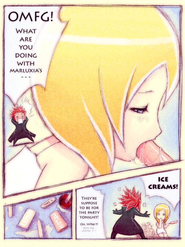 mike inel, axel, namine, kingdom hearts, kingdom hearts: chain of memories, black coat (kingdom hearts), blonde hair, blue eyes, blush, comic, english text, food, ice cream, red hair, sexually suggestive