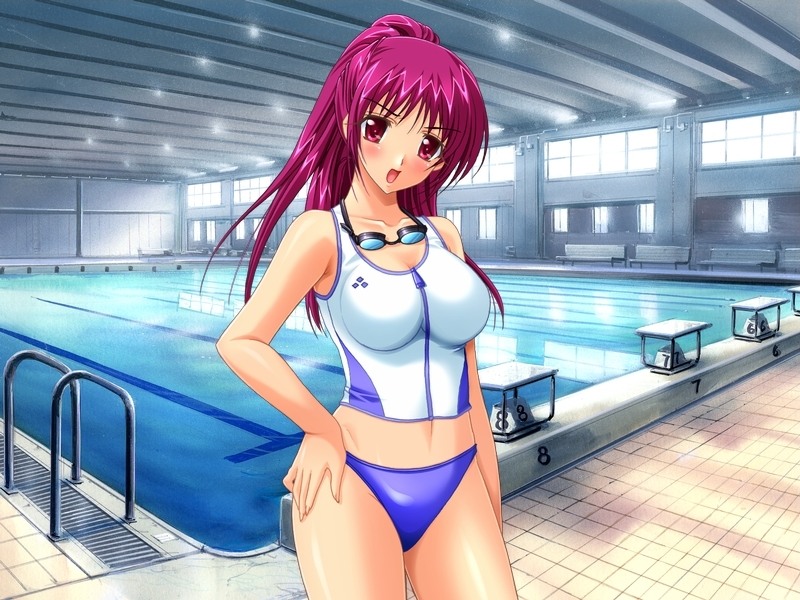 hikoukai, negishi hinako, shiofuki mermaid, game cg, non-web source, 1girl, annoyed, bench, bikini, blush, female focus, goggles, goggles around neck, indoors, long hair, open mouth, perspective, pink hair, ponytail, pool, pool ladder, poolside, purple bikini, purple hair, red eyes, reflection, solo, sports bikini, standing, swimsuit, tachi-e, tank top, window, zipper