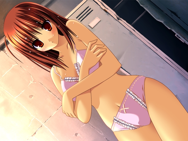 inuhiko, ototachibana kanna, colorful kiss, breast hold, game cg, 1girl, :<, ahoge, blush, bow, bow panties, bra, breasts, brown hair, crossed arms, dutch angle, female focus, frilled bra, frilled panties, frills, indoors, lingerie, locker, locker room, long hair, looking at viewer, navel, panties, purple bra, purple panties, red eyes, short hair, solo, standing, strap gap, underwear, underwear only, wet, wet hair, wide hips