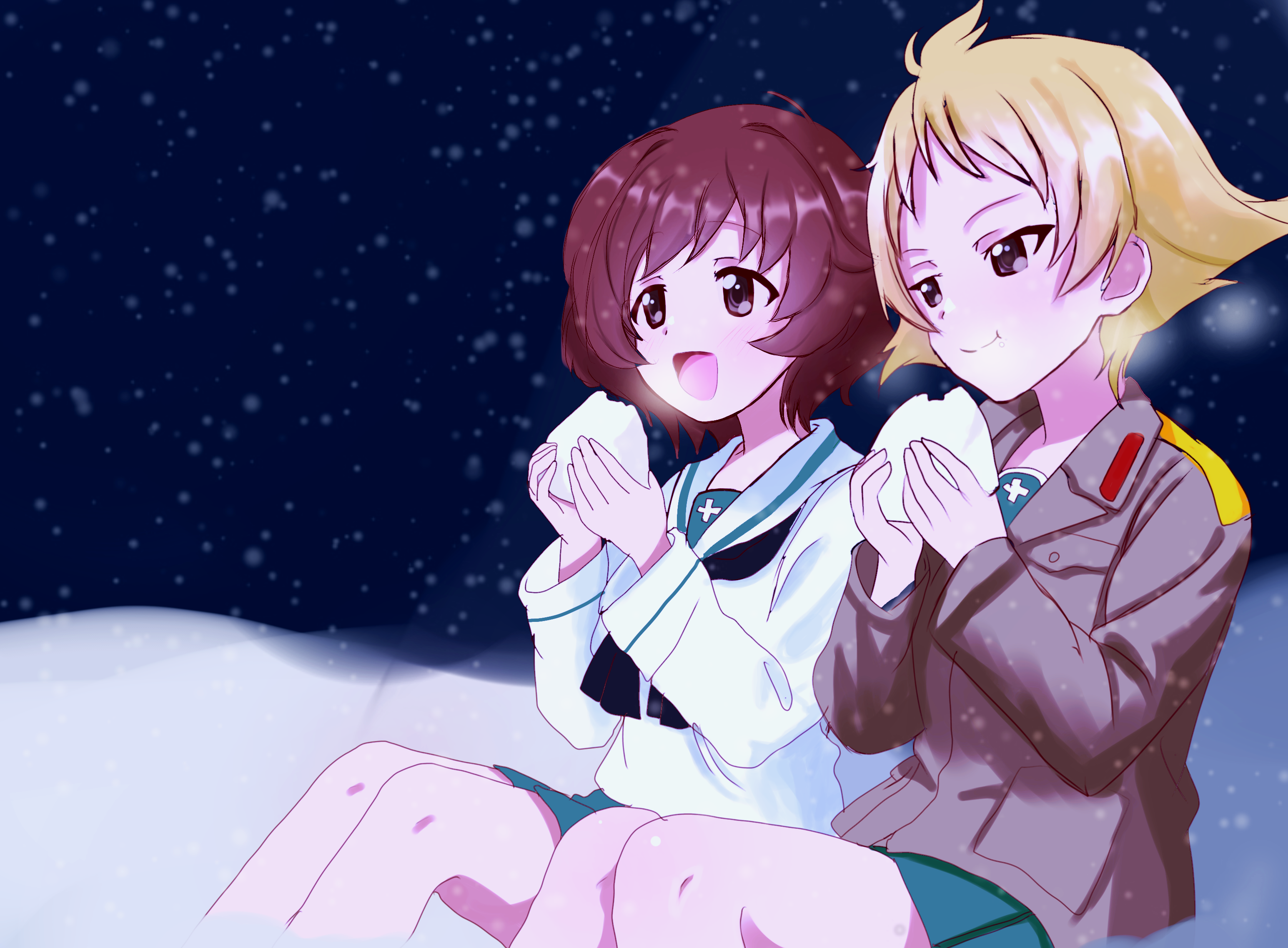 akiyama yukari, erwin (girls und panzer), girls und panzer, highres, non-web source, 2girls, blonde hair, brown eyes, brown hair, brown jacket, eating, food, jacket, multiple girls, night, onigiri, ooarai school uniform, school uniform, short hair, sitting, snow, snowing