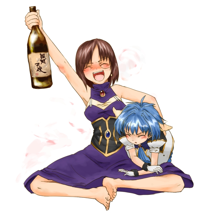 forte stollen, mint blancmanche, galaxy angel, non-web source, 00s, 2girls, alcohol, animal, animal ears, barefoot, blue hair, blush, bottle, brown hair, closed eyes, dress, drunk, feet, military, military uniform, monocle, multiple girls, open mouth, purple dress, red hair, sake, short hair, simple background, smile, white background
