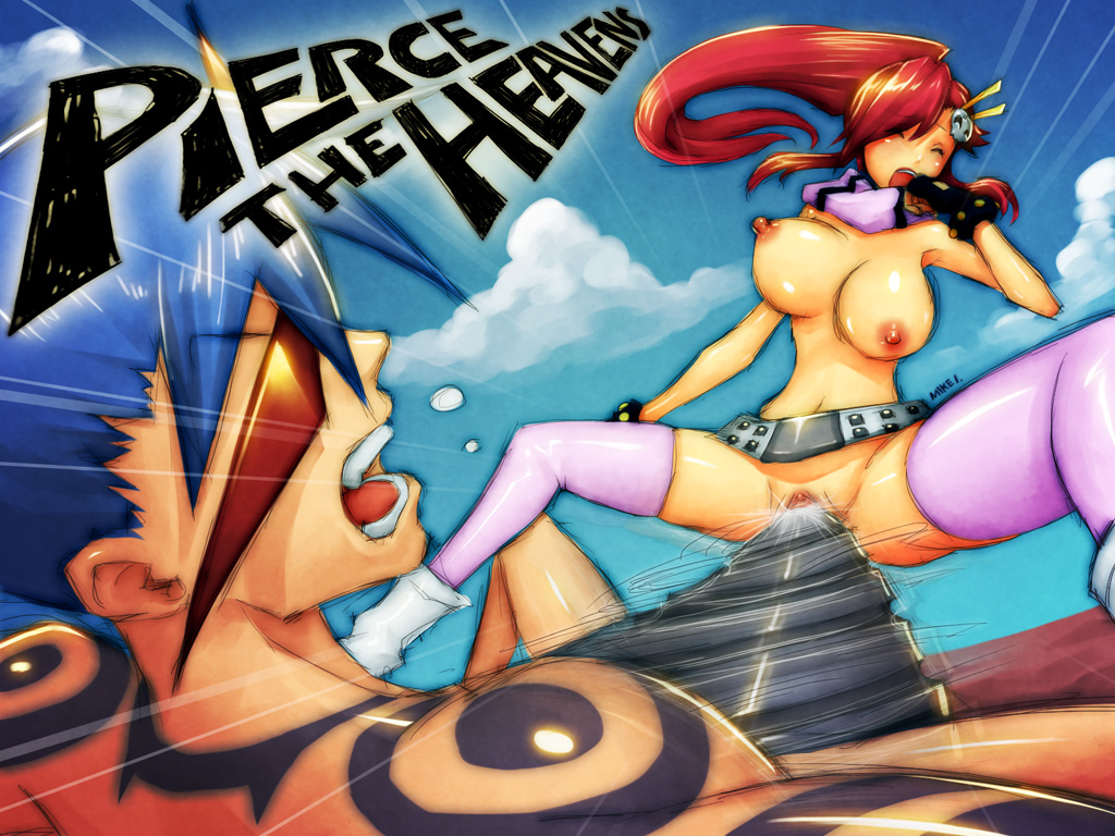 mike inel, kamina (ttgl), yoko littner, tengen toppa gurren lagann, 00s, 1boy, 1girl, artist name, breasts, closed eyes, drill, english text, gloves, hetero, large breasts, naked scarf, nipples, open mouth, ponytail, red hair, scarf, sex, spiral power, text focus, thighhighs, topless female, uncensored