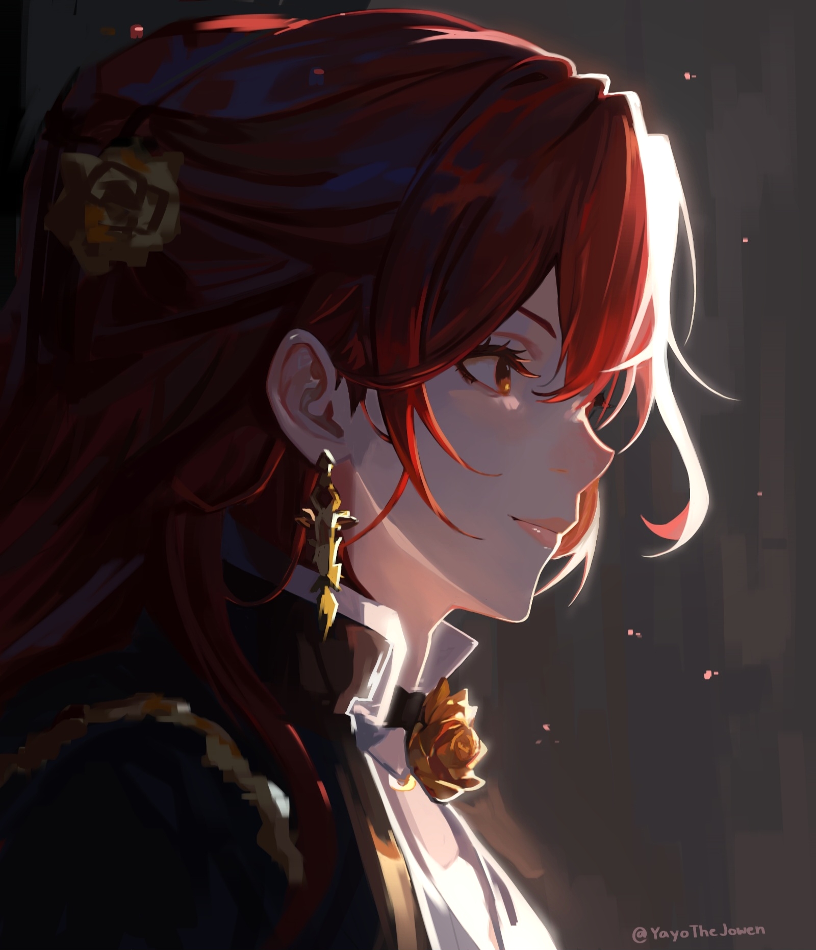 yayo the jowen, himeko (honkai: star rail), honkai: star rail, honkai (series), clip studio paint (medium), commentary, english commentary, highres, making-of available, 1girl, black shirt, closed mouth, earrings, from side, grey background, jewelry, lips, long hair, red eyes, red hair, shirt, simple background, smile, solo, upper body, white shirt