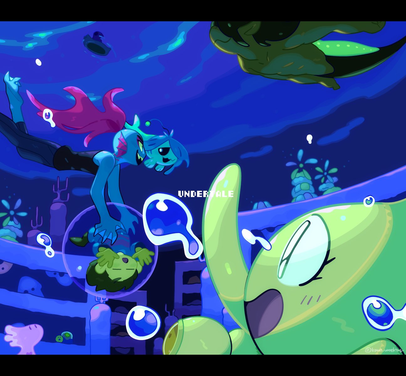 kanianoreki, frisk (undertale), onionsan, shyren, undyne, undertale, utdr (toby fox), highres, 1other, = =, air bubble, black tank top, blue pants, blue skin, bubble, closed eyes, colored skin, copyright name, creature, fins, head fins, letterboxed, open mouth, pants, red hair, signature, smile, swimming, tank top, underwater, webbed feet, webbed hands