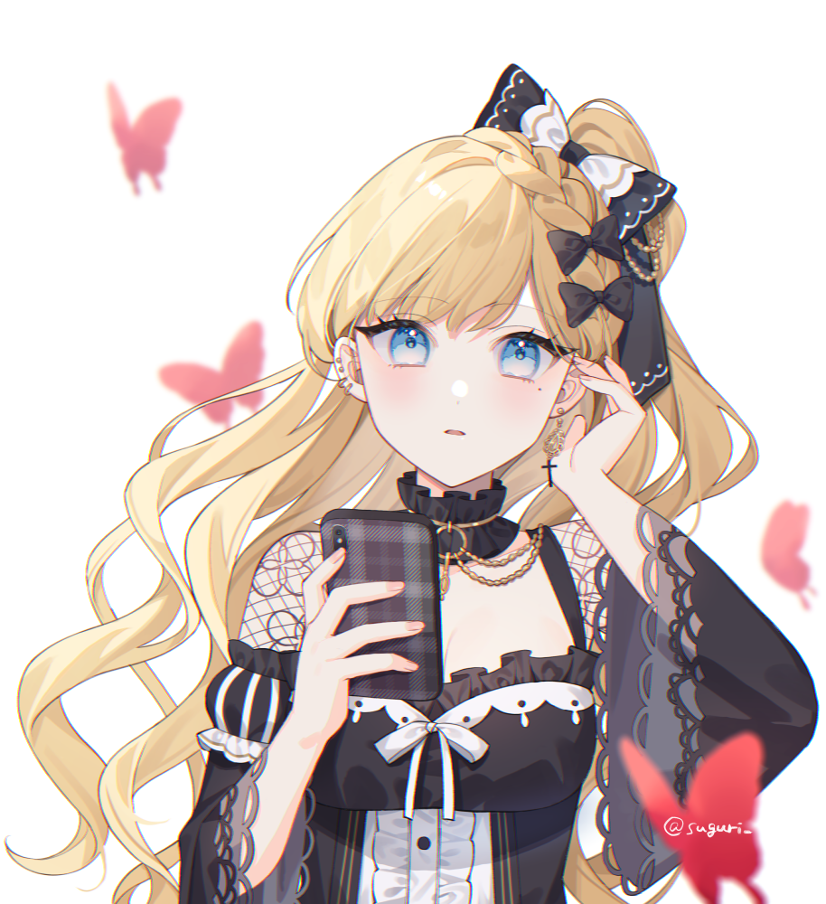 suguri (neroli), saeki miria, mahou shoujo no majo saiban, commentary request, 1girl, black bow, black dress, blonde hair, blue eyes, bow, breasts, bug, butterfly, cellphone, dress, ear piercing, earrings, frilled sleeves, frills, hair bow, holding, holding phone, insect, jewelry, long hair, long sleeves, looking at viewer, magical girl, mole, mole under eye, one side up, open mouth, phone, piercing, red butterfly, ribbon, smartphone, solo, upper body, white background, white ribbon