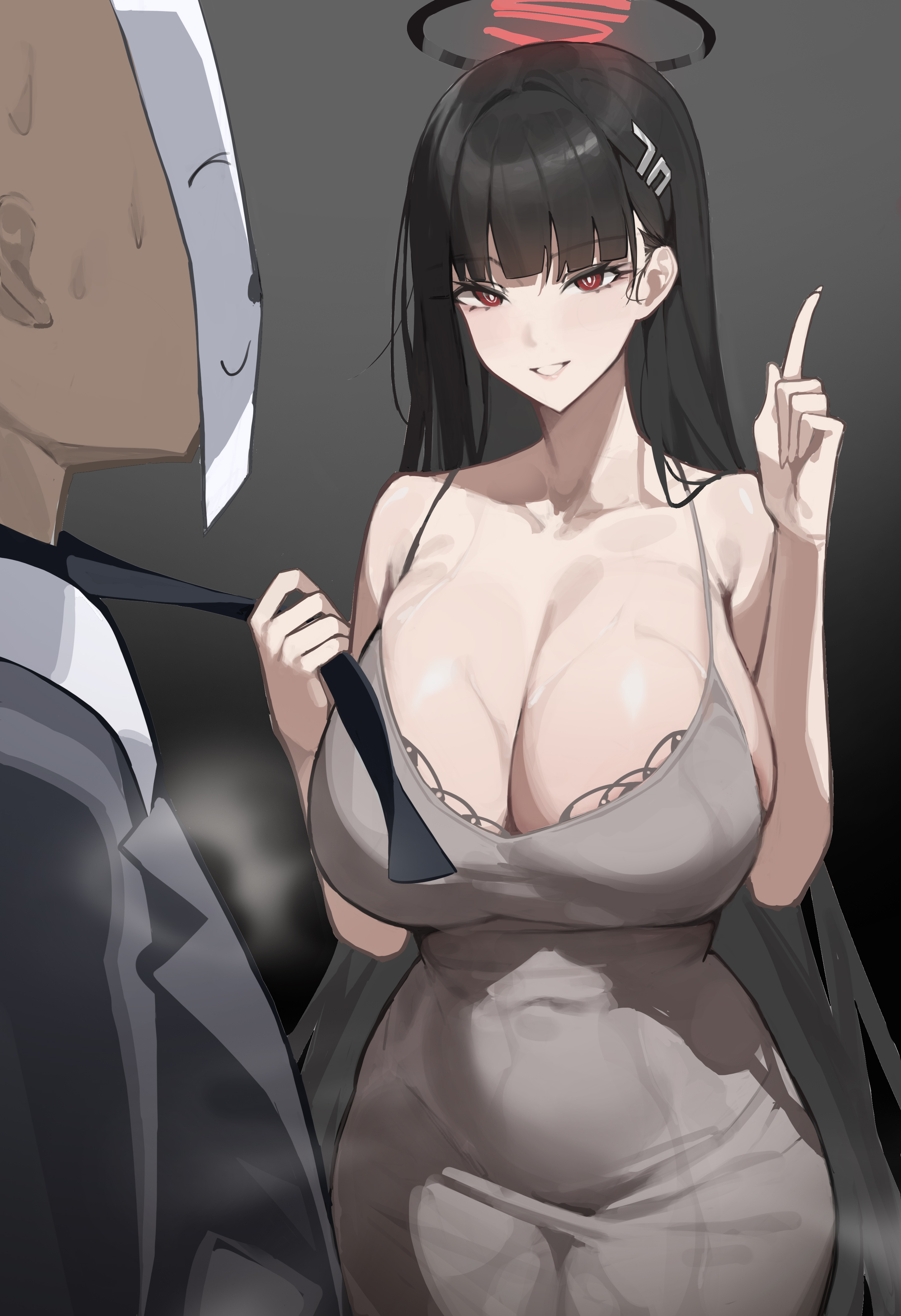 hyou (2664286753), doodle sensei (blue archive), rio (blue archive), sensei (blue archive), blue archive, absurdres, chinese commentary, commentary request, highres, 1boy, 1girl, bare shoulders, black hair, black necktie, breasts, cleavage, clothes grab, dongtan dress, dress, grey dress, grin, hair ornament, hairclip, halo, large breasts, long hair, necktie, necktie grab, neckwear grab, smile, very long hair