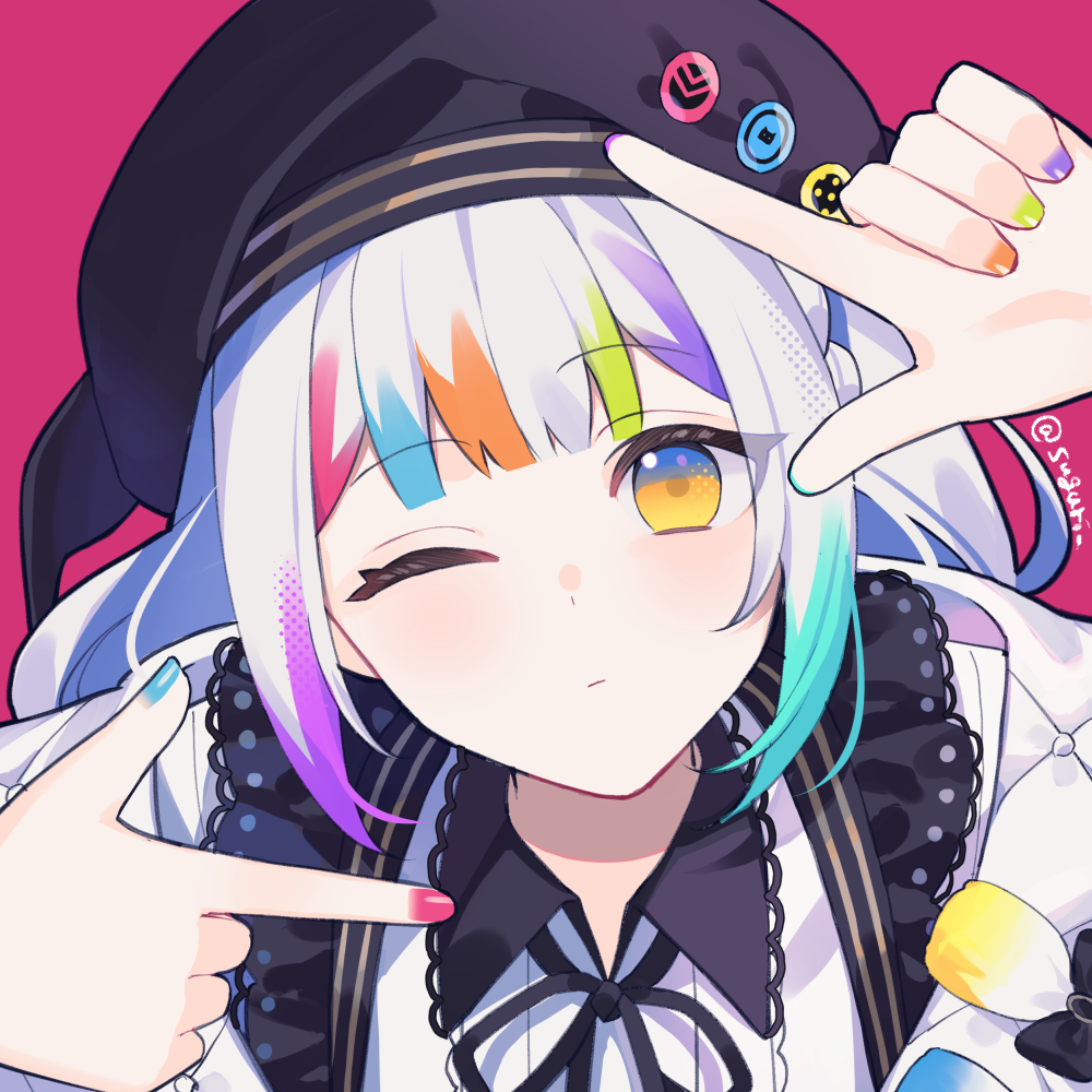suguri (neroli), jougasaki noa, mahou shoujo no majo saiban, commentary request, 1girl, beret, black ribbon, blue nails, blunt bangs, closed mouth, finger frame, green nails, hat, long hair, looking at viewer, magical girl, multicolored hair, multicolored nails, nail polish, neck ribbon, one eye closed, orange nails, pink nails, purple background, purple nails, ribbon, simple background, solo, streaked hair, upper body, white hair, yellow eyes