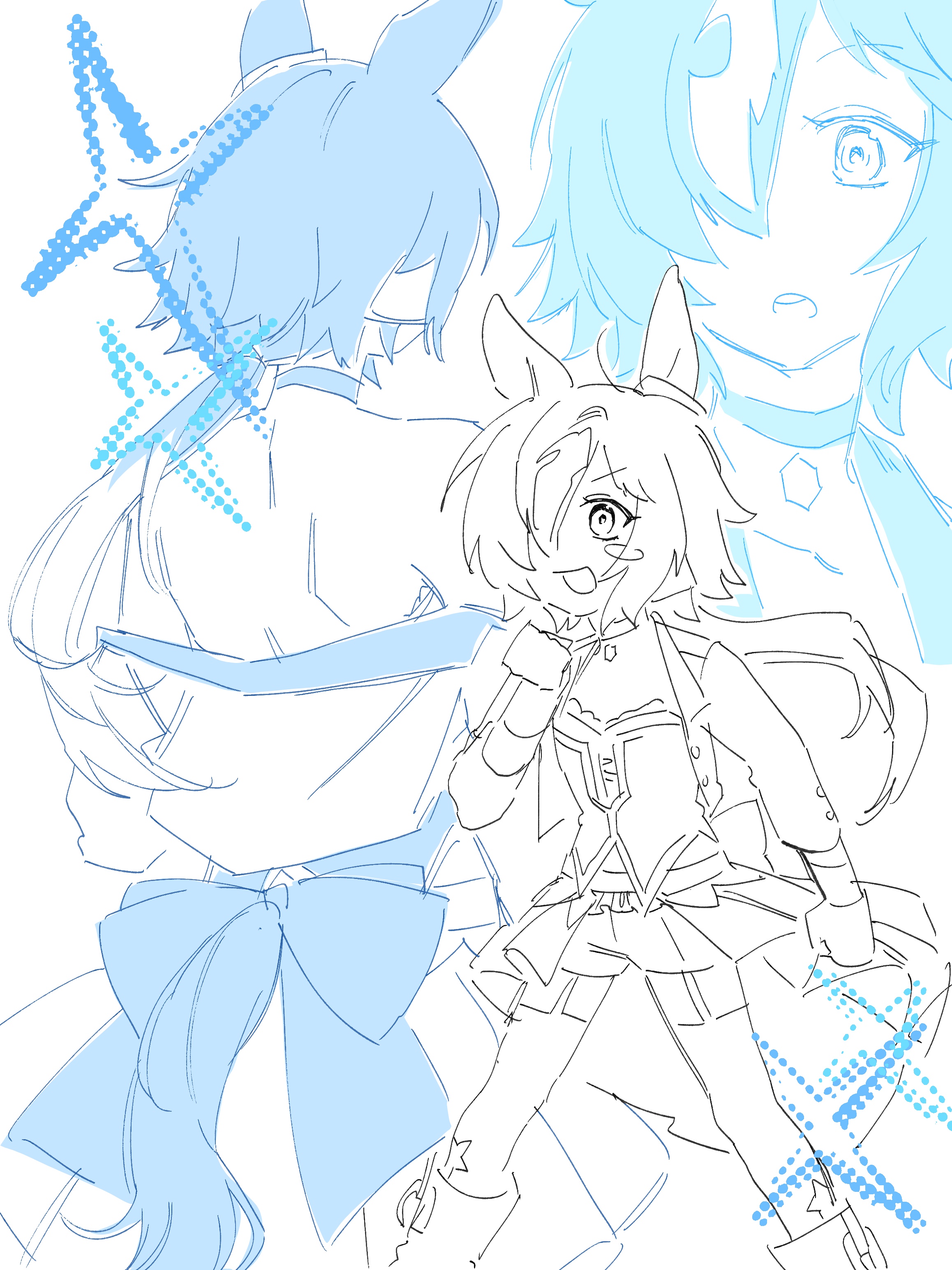 baejimile, vodka (umamusume), umamusume, absurdres, commentary request, highres, 1girl, :d, animal ears, bare shoulders, blue theme, blush stickers, boots, choker, clenched hand, cropped jacket, garter straps, hair over one eye, hand up, horse ears, horse girl, horse tail, jacket, long hair, long sleeves, low ponytail, monochrome, multicolored hair, multiple views, open clothes, open jacket, open mouth, ponytail, short shorts, shorts, smile, starting future (umamusume), tail, thighhighs, thighhighs under boots, two-tone hair, very long hair, white background