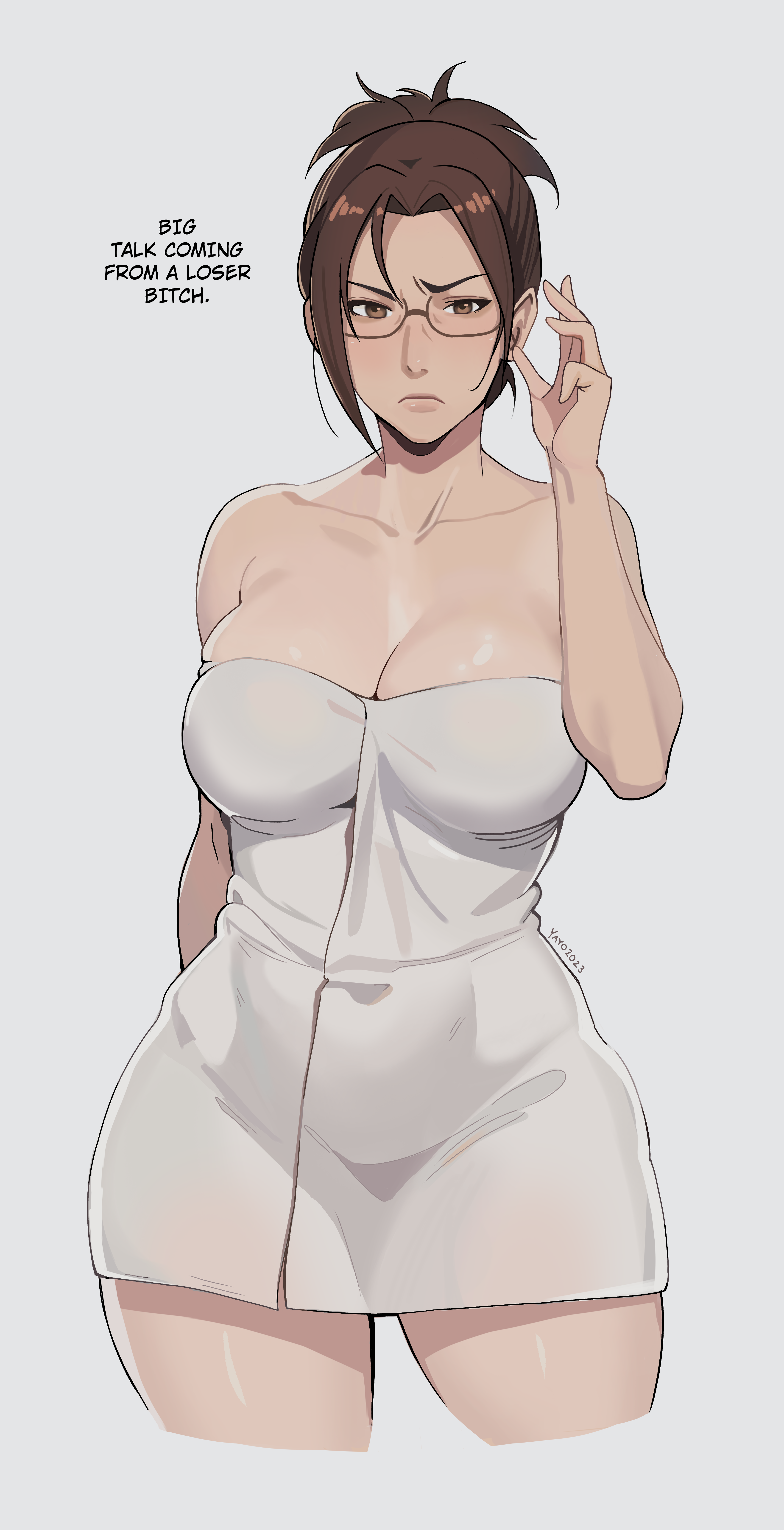 yayo the jowen, hange zoe, shingeki no kyojin, absurdres, commentary, english commentary, highres, alternate breast size (larger), artist name, black-framed eyewear, breasts, cleavage, closed mouth, collarbone, covered navel, cropped legs, english text, forehead, frown, glasses, long hair, looking at viewer, naked towel, ponytail, semi-rimless eyewear, standing, towel, under-rim eyewear