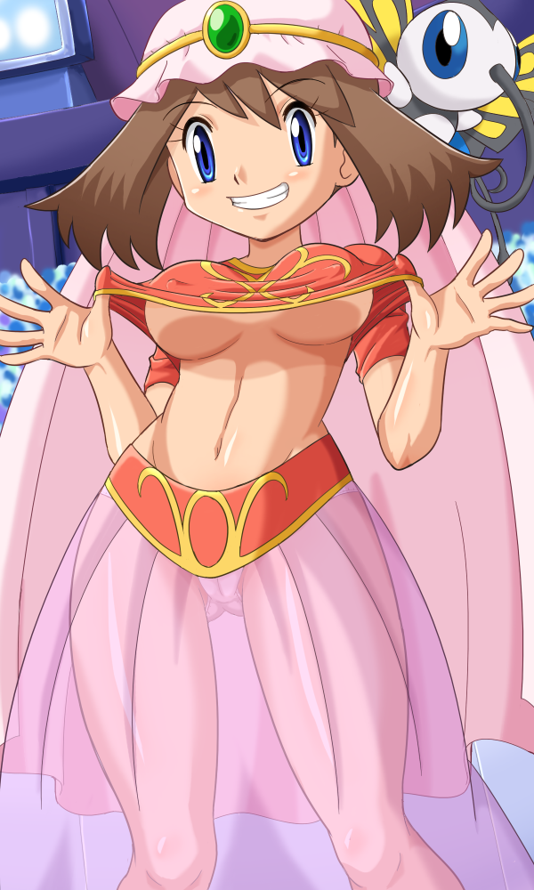pokemoa, beautifly, may (pokemon), nintendo, pokemon, pokemon (anime), pokemon contest, pokemon dp077, pokemon dppt (anime), self exposure, 1girl, alternate costume, alternate headwear, arabian clothes, blue eyes, blush, breasts, brown hair, cameltoe, clothes lift, collar, come hither, covered erect nipples, gen 3 pokemon, harem pants, hat, jewelry, large breasts, midiff, navel, no bra, official alternate costume, panties, pants, pokemon (creature), see-through clothes, shirt lift, smile, underboob, underwear, veil
